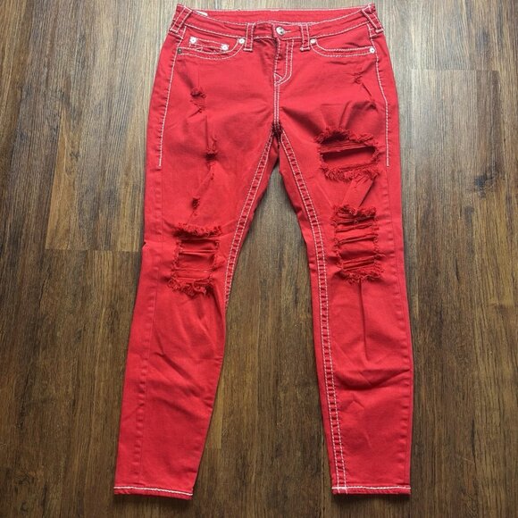 True Religion Halle Mid Rise Super Skinny Jeans Destroyed Red Women’s Size 32 - Picture 1 of 13